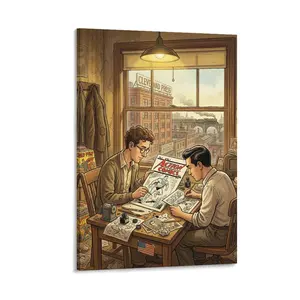1pc Frameless Printed Canvas Art, Retro Superman Comic Creation Scene, Vintage Cartoon Design, Wall Decor for Home Office Comic Room, Featuring Action Comics & Creators
