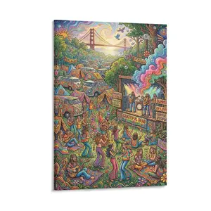2D Flat, 1pc Frameless Canvas Art, Psychedelic 1968 Summer of Love Hippie Festival (Grateful Dead) Colorful Wall Decor, Printed Art for Home Living Room Bedroom Office Bar