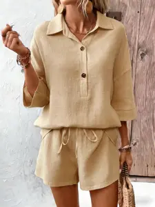 Spring Summer Women's Plain Button Front Short Sleeve Shirt, Casual Loose-Fit Set with Above Knee Shorts, Light Breathable Fabric for Elegant Style