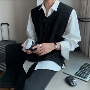 Men’s V-Neck Knit Vest – Loose Fit Vintage  Korean Style Sweater in Solid Blue