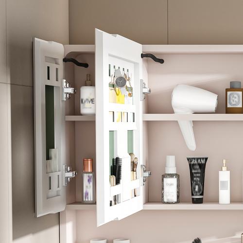 Aluminium Medicine Cabinet Mirror, 36 * 28in Tri-Color LED Light Bathroom Mirror with Cosmetic Storage Rack, Hair Dryer Holder and Defogging Function-khaki Aluminium Medicine Cabinet Mirror, 36 * 28in Tri-Color LED Light Bathroom Mirror with Cosmetic Storage Rack, Hair Dryer Holder and Defogging Function-khaki
