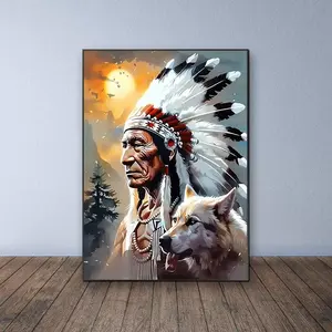 Indian Elder & Wolf Pattern DIY Diamond Art Painting Kit without Frame, DIY 5D Diamond Art Painting Kit, Wall Art Decor for Home Living Room Bedroom
