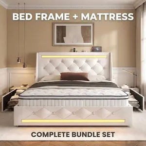 Queen Bed Frame with Mattress, LED Lights, Upholstered Platform Bed with Optional Drawers, Noise-Free, No Box Spring Needed