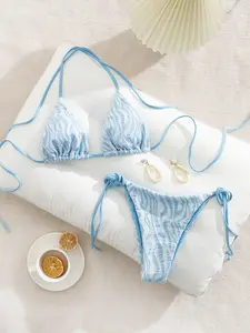Light Blue Zebra Print Halter Triangle Bikini Swimsuit Set – Cheeky Side Tie Bathing Suit for Summer