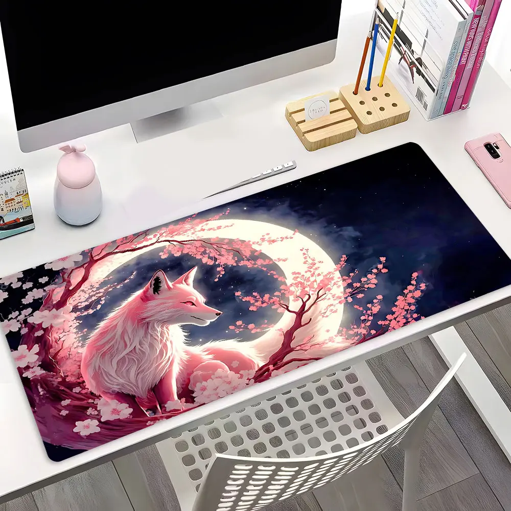 Fantasy Pink Fox Cherry Blossom Moon Art Large Gaming Mouse Pad, Desk Accessories, Washable Office Desk pad Non-Slip Rubber Base Stitched Edge For Desk Laptop For Home Office Game Gift For Friends Family Boyfriend/Girlfriend Gaming Enthusiasts