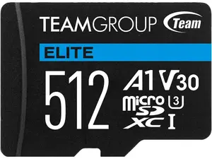 Team Group 512GB Elite microSDXC UHS-I U3, V30, A1, 4K UHD Micro Card with SD Adapter, Speed Up to 100MB/s (TEAUSDX512GIV30A103)