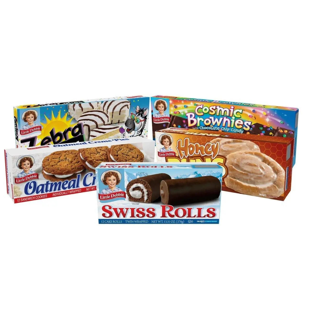 Little Debbie School Snacks Bundle - Oatmeal Creme Pies, Honey Buns, Swiss Rolls, Cosmic Brownies and Zebra Cakes - 1 Box Each