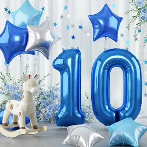 Dark Blue Number 10 Balloons, Big Royal Light Blue Silver Star One Balloon, 40 Inch Foil Mylar Pastel Teal Metallic Blue Self Inflating 10 Balloon For Boys 10Th Birthday Anniversary Party Decoration