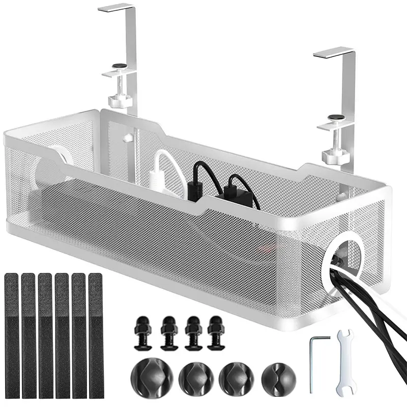 Under Desk Cable Management Tray,Wire Organizers No Drill, Cable Tray with Clamp for Wire Management, Cord Organization Box for Office, Home - No Damage to Desk