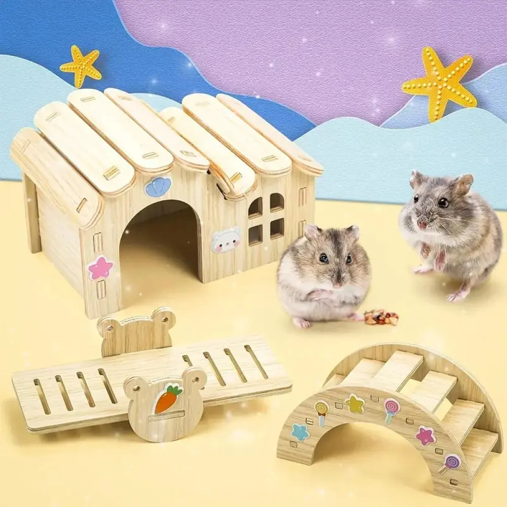 1pc Hamster Swing SeesawSmall Nest Solid Wood Small House Hamster Sleeping Nest Golden Silk Bear Small Villa ToySupplies Diy Hamster Accessories Wooden Gerbil Hideout House And Canary Seesaw Pet Exercise Exercise Toy Set