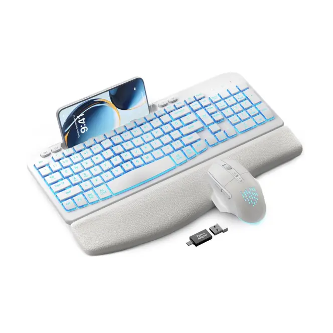 SABLUTE MA22 Pro 2.4G Ergonomic Wave Keyboard Mouse Set, Rechargeable Backlit, Leather Wrist Rest, Phone Holder (Non-Bluetooth)