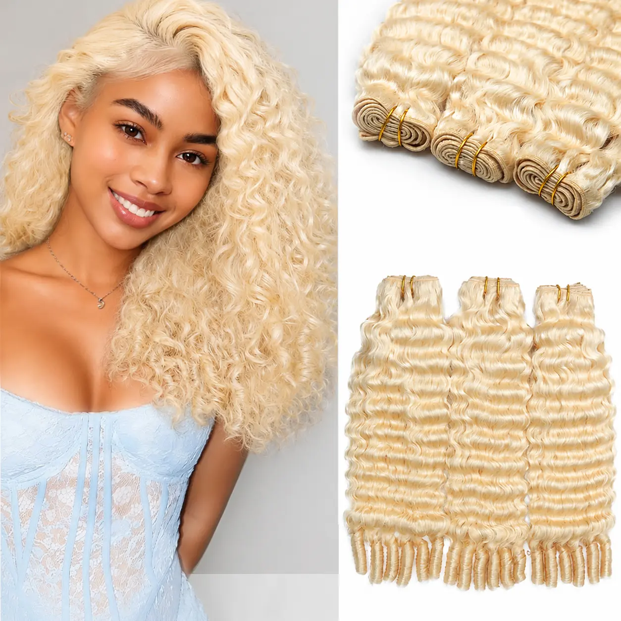 613 Blonde Virgin Human Hair Bundles, 3C/4A Deep Wave Burmese Curly with Spiral Ends, 1-3 Bundle Form, 100% Unprocessed Double Weft Extensions for Quick Weave & Extra Volume
