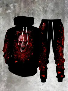 Men's Halloween Skull Series Hoodie Set, Sporty Long Sleeve Fitted Design, Fall & Winter Fashion, Casual Digital Print, Athletic Tracksuit Set