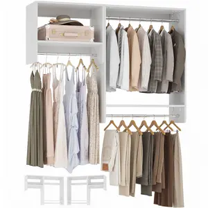 5FT Walk-in Closet System Organizer with 3 Rods 3 Shelves, Portable Wardrobe Closet Storage Organizer, Heavy Duty Wood Freestanding Wardrobe Cabinet Storage