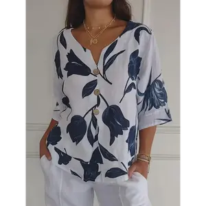 Women's clothing Plus Size Floral Print V-Neck Button-Front Blouse - Loose Fit Short Sleeve Casual Elegant Top for Spring/Fall, Navy Blue & Lavender, Resort Vacation Attire, Blouse, Spring Struc