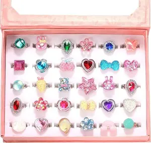 Little Girl Jewel Rings in Box, Adjustable, No duplication, Girl Pretend Play and Dress Up Rings (30 Jewel Ring)