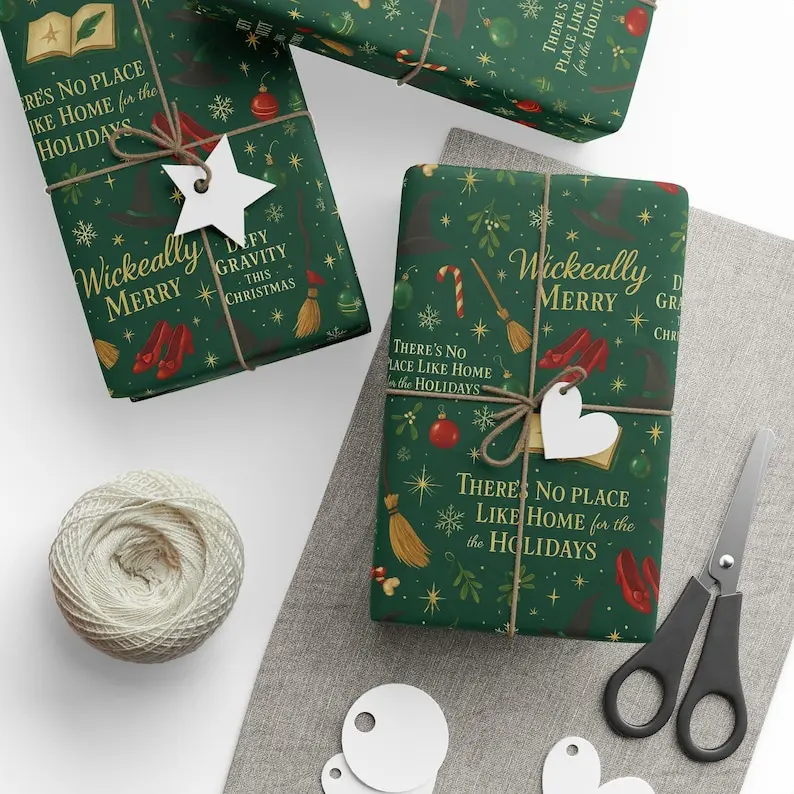 Wicked Musical Christmas Wrapping Paper, Green & Gold Gift Wrap, Present Wrap For Fans