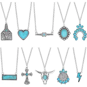 10PCS Western Turquoise Necklace Set for Women | Summer-Ready Cowgirl Jewelry with Cow Tag, Cross & Lightning Bolt Pendants | Boho Coastal Aesthetic for Beach & Music Festivals