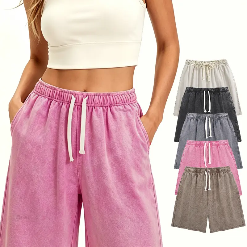 Holafish 1/2Pack Womens Shorts Athletic Vintage Short Acid Washed Shorts Cotton Heavyweight Elastic Waist Streetwear Sweatpants Unisex Design, Perfect for Men & Women