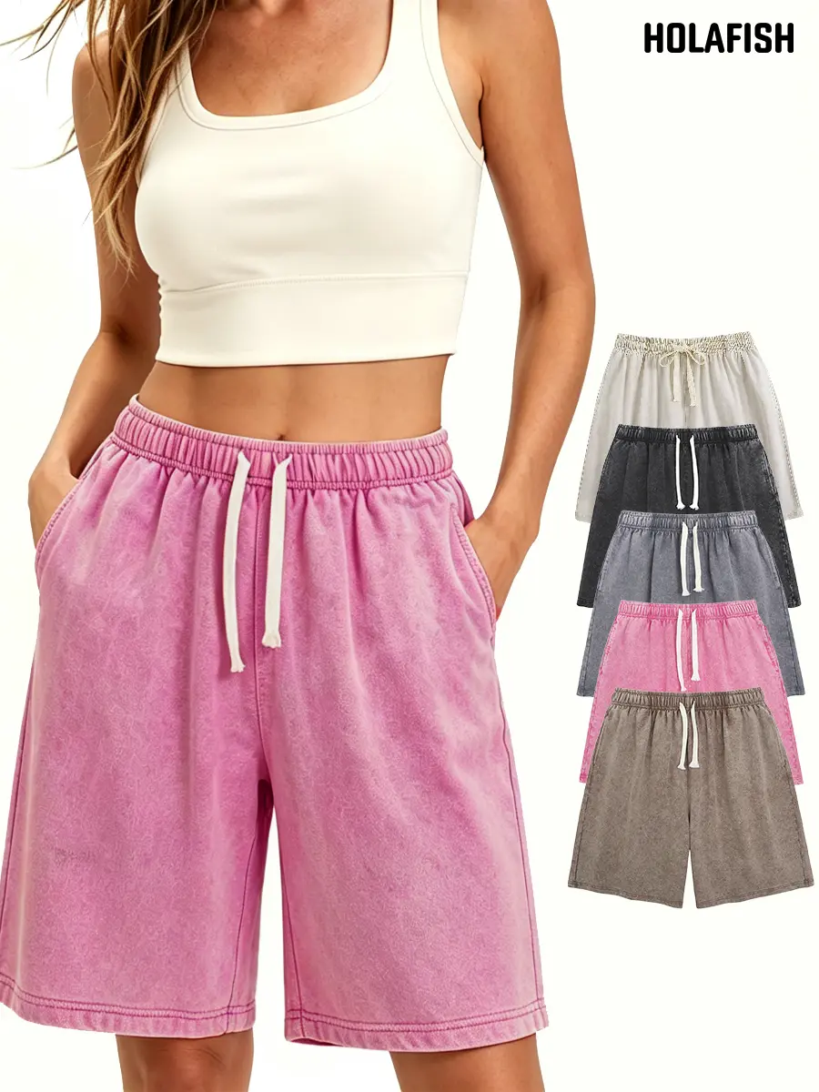 Holafish 1/2Pack Womens Shorts Athletic Vintage Short Acid Washed Shorts Cotton Heavyweight Elastic Waist Streetwear Sweatpants Unisex Design, Perfect for Men & Women