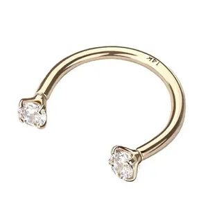 14 Karat Gold Horseshoe Circular Barbell Ring 16 Gauge & Prong Set Gem