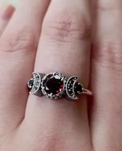 Vintage Moon Phase Ring for Women Silver Tone Red Crystal Statement Ring Gothic Celestial Jewelry Anniversary Gift