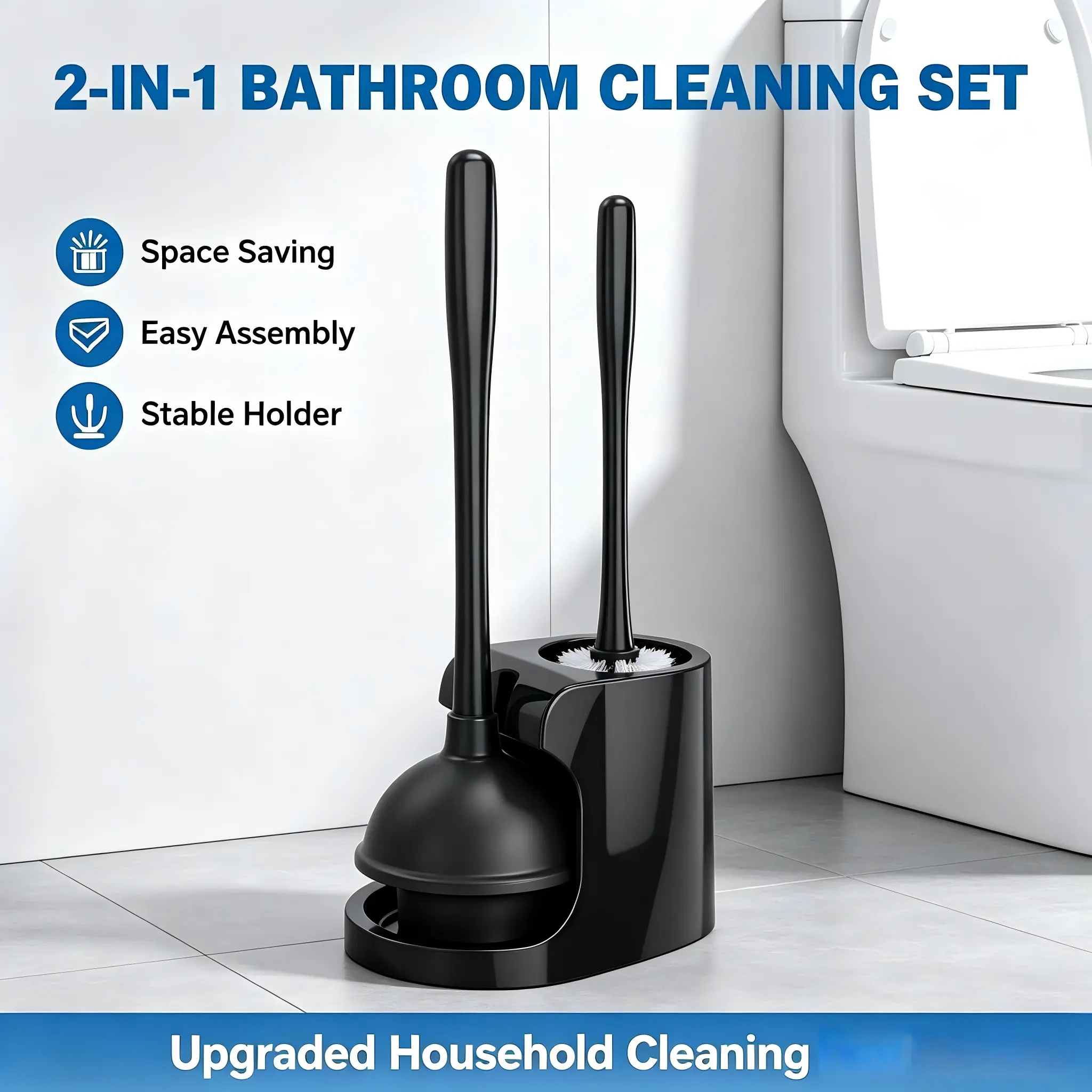 Toilet Plunger and Brush Combo with Holder, 2 in 1 Bathroom Cleaning Set, Long Handle Toilet Bowl Brush & Heavy Duty Drain Unclogger Plunger for Bathroom Toilet Clog Removal