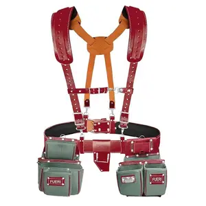 FUERI Nylon and Leather Tool Belt with Suspender comes with 19 Pocket with Adjustable Foam Padded Belt,Heavy Duty Pouches, 4 D-Loops, Leather Suspender and hammer holder for Carpenters & Electricians