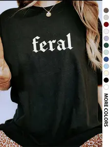 Women's "FERAL" Slogan Print Round Neck Tee, Fashion Casual Crew Neck Drop Shoulder T-Shirt for Daily Holiday Vacation Outdoor Wear, Ladies Clothes for All Seasons