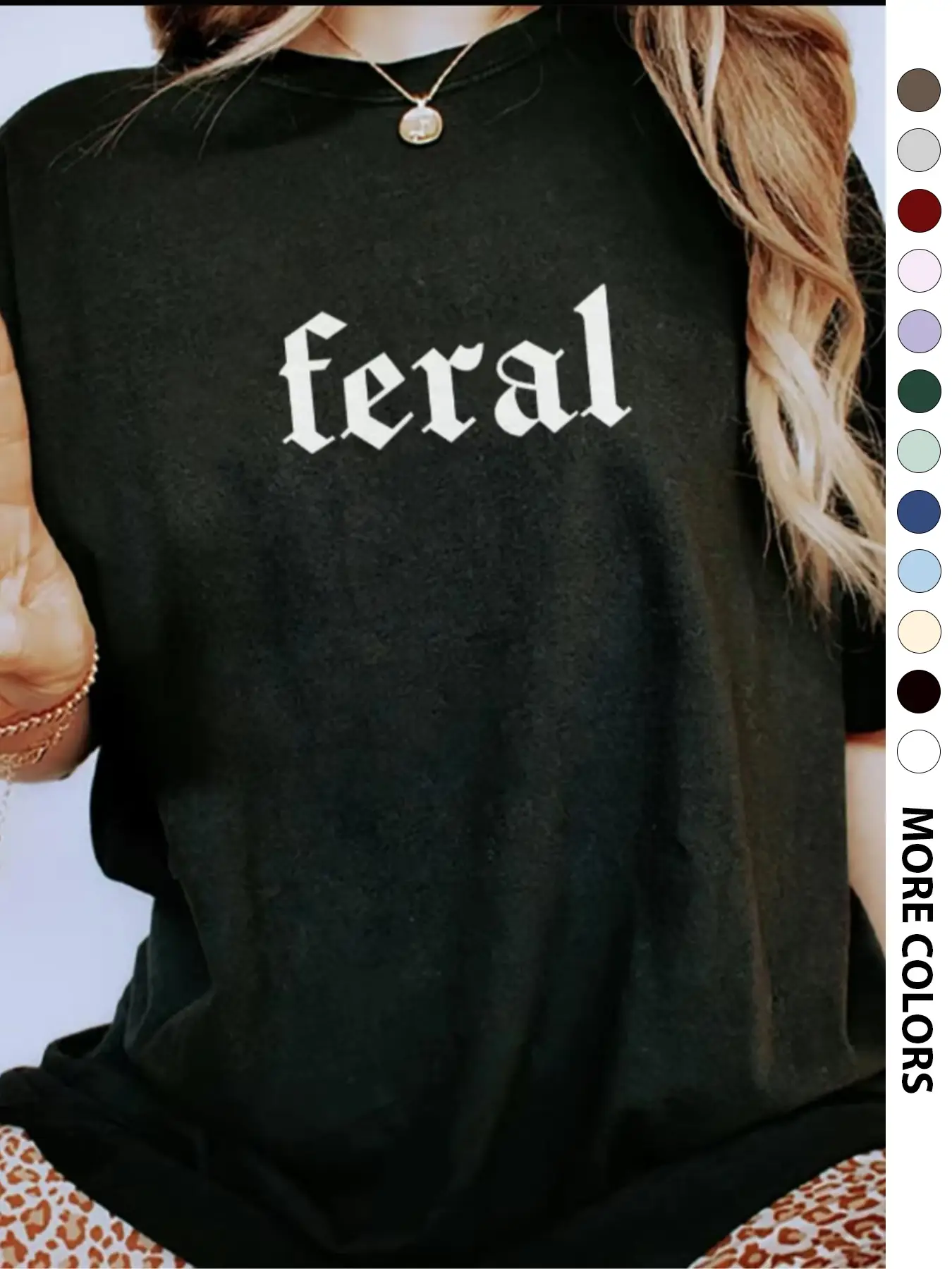 Women's "FERAL" Slogan Print Round Neck Tee, Fashion Casual Crew Neck Drop Shoulder T-Shirt for Daily Holiday Vacation Outdoor Wear, Ladies Clothes fo