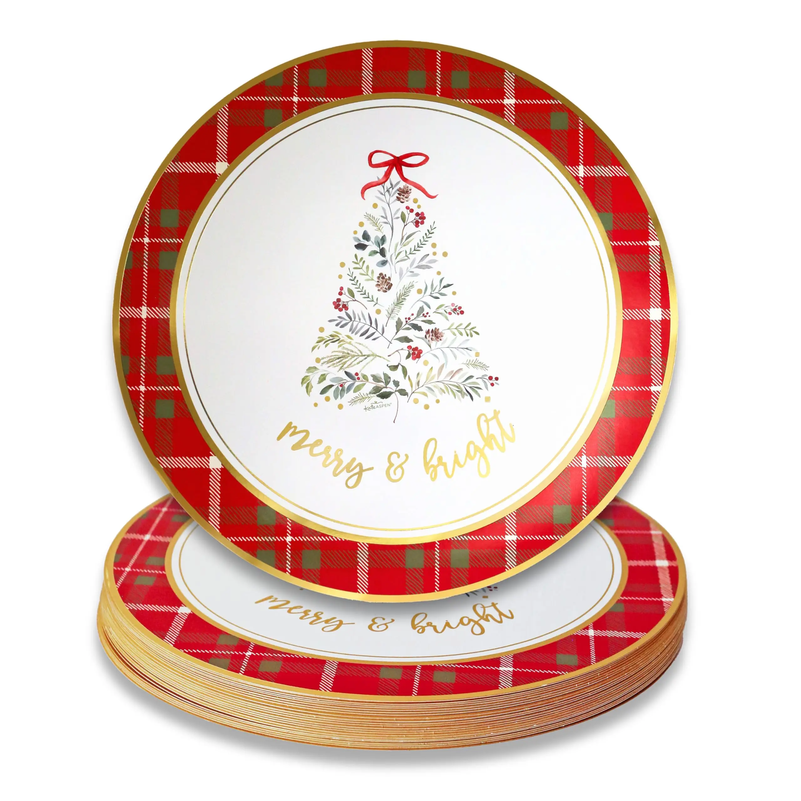 Kate Aspen 13" Disposable Holiday Placemats/Chargers, 24-Pack – Spillproof & Durable Merry & Bright Christmas Tree Design & Festive Red & Green Plaid Border
