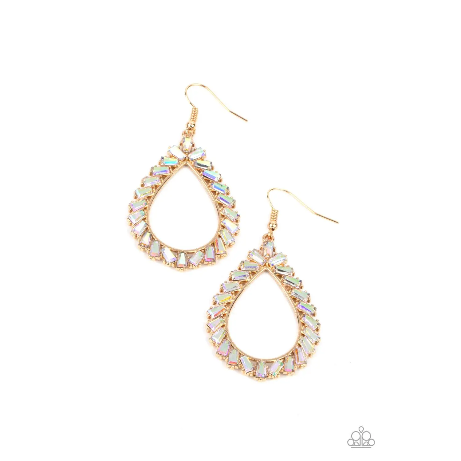 Teardrop Drop Earrings in Gold with Glittery Iridescent Gems, Fashion Jewelry Featuring Flared Emerald Style Cuts, Bling Effect, Glamorous Earrings, Jaw-Dropping Dazzle, One Pair