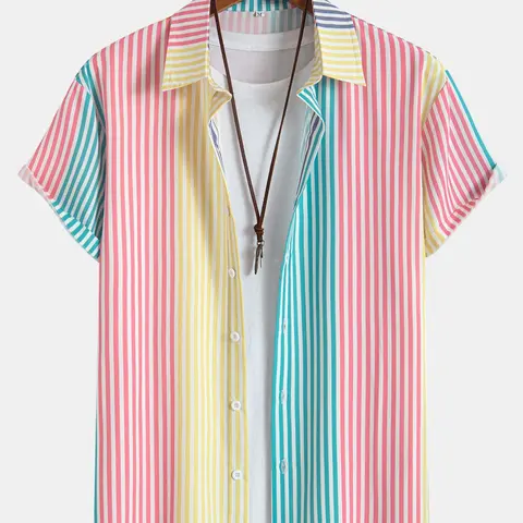 Men's Colorful Striped Print Button Front Shirt Short Sleeve Collared Top for Summer, Casual Printed Fashion Men's Clothes for Daily Wear, Button Up Shirt, Casual Fitted Shirt, Collared Shirts