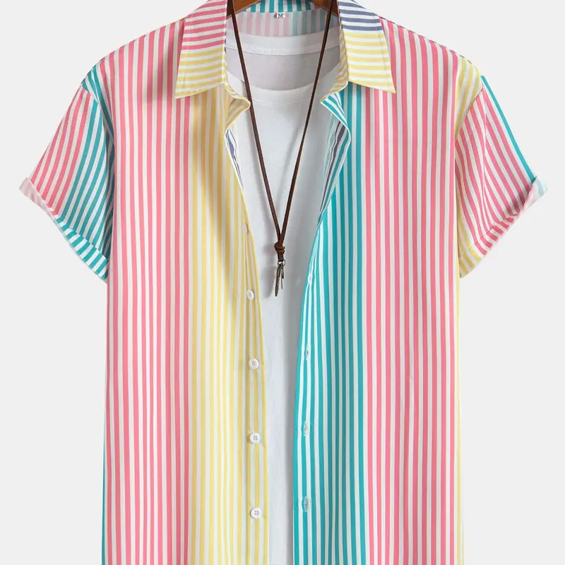 Men's Colorful Striped Print Button Front Shirt Short Sleeve Collared Top for Summer, Casual Printed Fashion Men's Clothes for Daily Wear, Button Up Shirt, Casual Fitted Shirt, Collared Shirts
