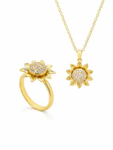 1 Set Premium Gold Sunflower Spinner Jewelry | Elegant Dainty Medallion Necklace & Ring | Calming Rotating CZ Zircon Design | Ultimate Anniversary Keepsake for Wife