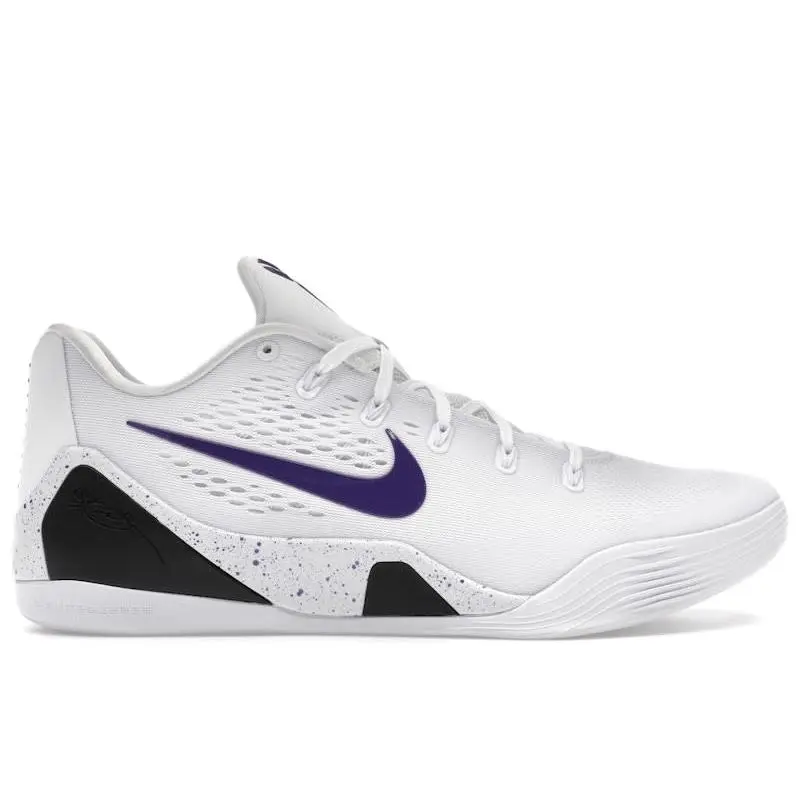 Nike Kobe 9 Elite Low EM Protro White Court Purple Basketball Shoes – Kobe Bryant Signature Sneakers Featuring Engineered Mesh Upper, Responsive Cushioning Technology, Lightweight Performance Design, Supportive Fit, Durable Rubber Outsole, Iconic Kobe