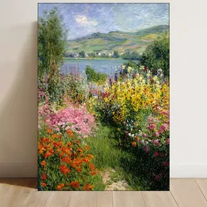 2D flat painting, 1-piece set of Claude Monet's "The Flower Garden at Vuitot" framed wall art print--Impressionist reproduction, suitable for office decoration, canvas painting wrapped in a recycled wood frame, brightly colored florals, French art style