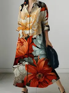 Long Sleeve Loose Floral Print Button Front Shirt Dress, Casual Women's Long Dress, Comfortable & Stylish Design, Casual Dresses