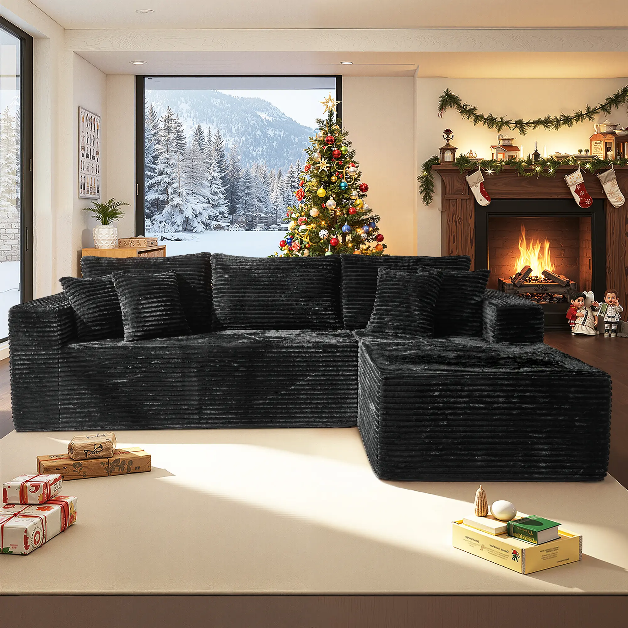 108“Black L Shaped Sofa Whit Right CHair