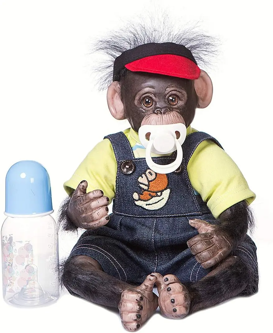 18-in Cartoon Creature Stuffed Monkey Toy, BPA-Free Mohair-Style Plush with Poseable Cloth Body, Denim Overalls, Green T-Shirt, Soft Cuddly Gift for Boys, Nature-Themed Decoration, Cartoon Creature Stuffed Toys