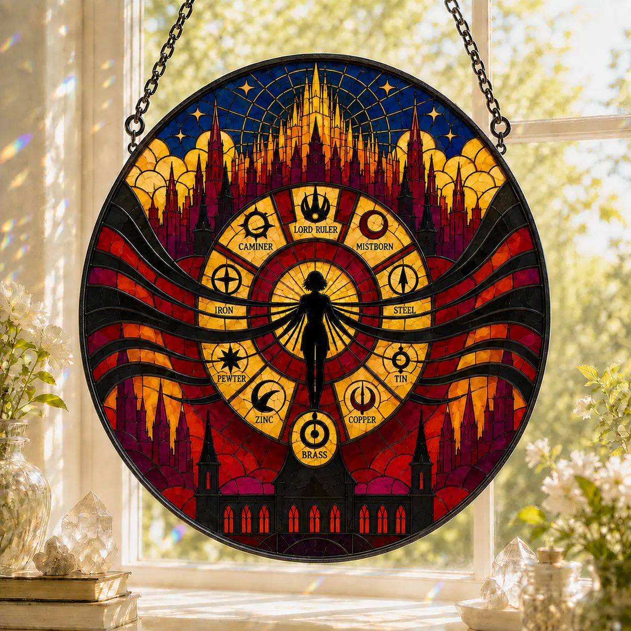 Mistborn Suncatcher | Allomancy Symbols Window Hanging Decor | Brandon Sanderson Faux Stained Glass Art | Vin Ascendant Warrior Merch | Ultimate Epic Fantasy Gift for BookTok Readers