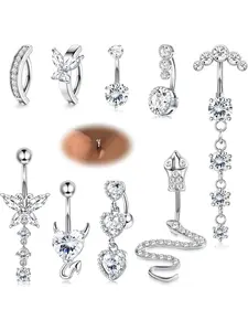 Cute 9 Pcs Silvery Exquisite 14G Navel Bars Clicker Surgical Steel Copper Belly Button Rings for Women Men Snake Heart CZ Butterfly Flower Belly Ring Simple Reverse Navel Rings Dangle Belly Bar Piercing Body Jewelry Set