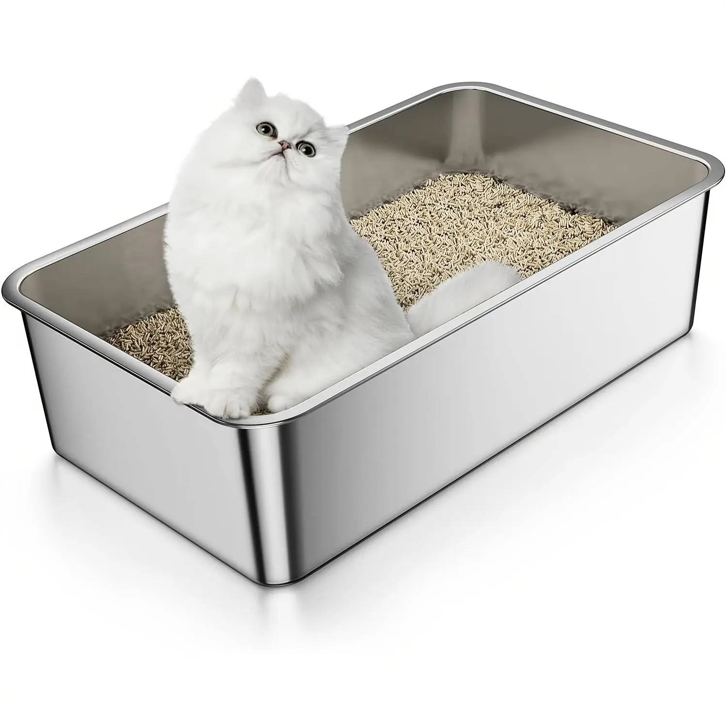 Stainless Steel Cat Litter Box Cat Toilet for Big Cats and Kittens, Splash-proof Non-stick Odorless, Latest Design