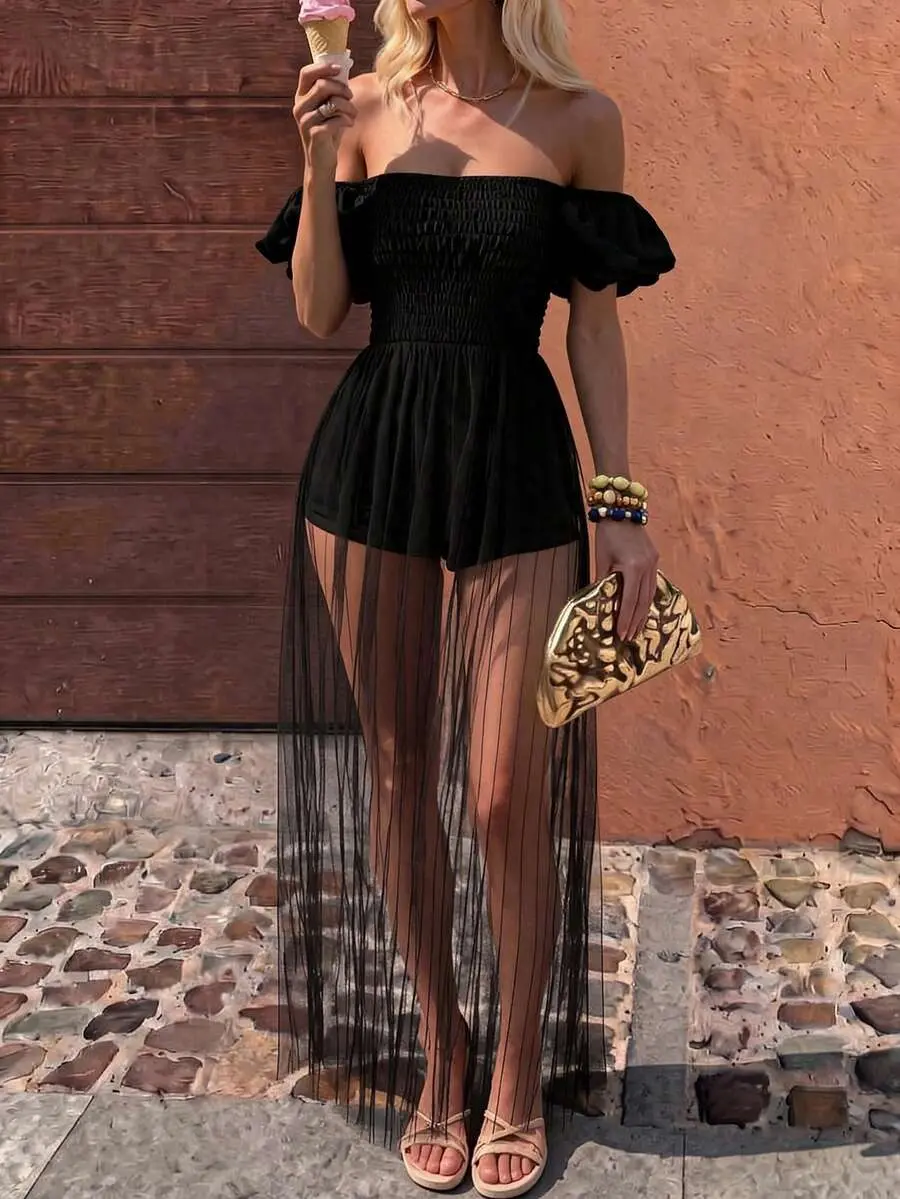 Elegant Vacation Bohemian Off-Shoulder Backless Mesh Floor-Length Black Jumpsuit For Women