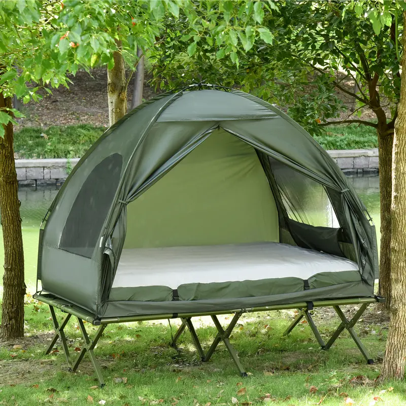 Outsunny 4-In-1 Sturdy Elevated Bed-Tent Combo Cot Tent - 352 lbs Capacity, Easy Setup, Zippered Design, Polyester Bedspread, Quick Inflates Thick Waterproof Oxford Air Mattress, Foldable Single/Double for Camping Hiking, Easy Setup Tent