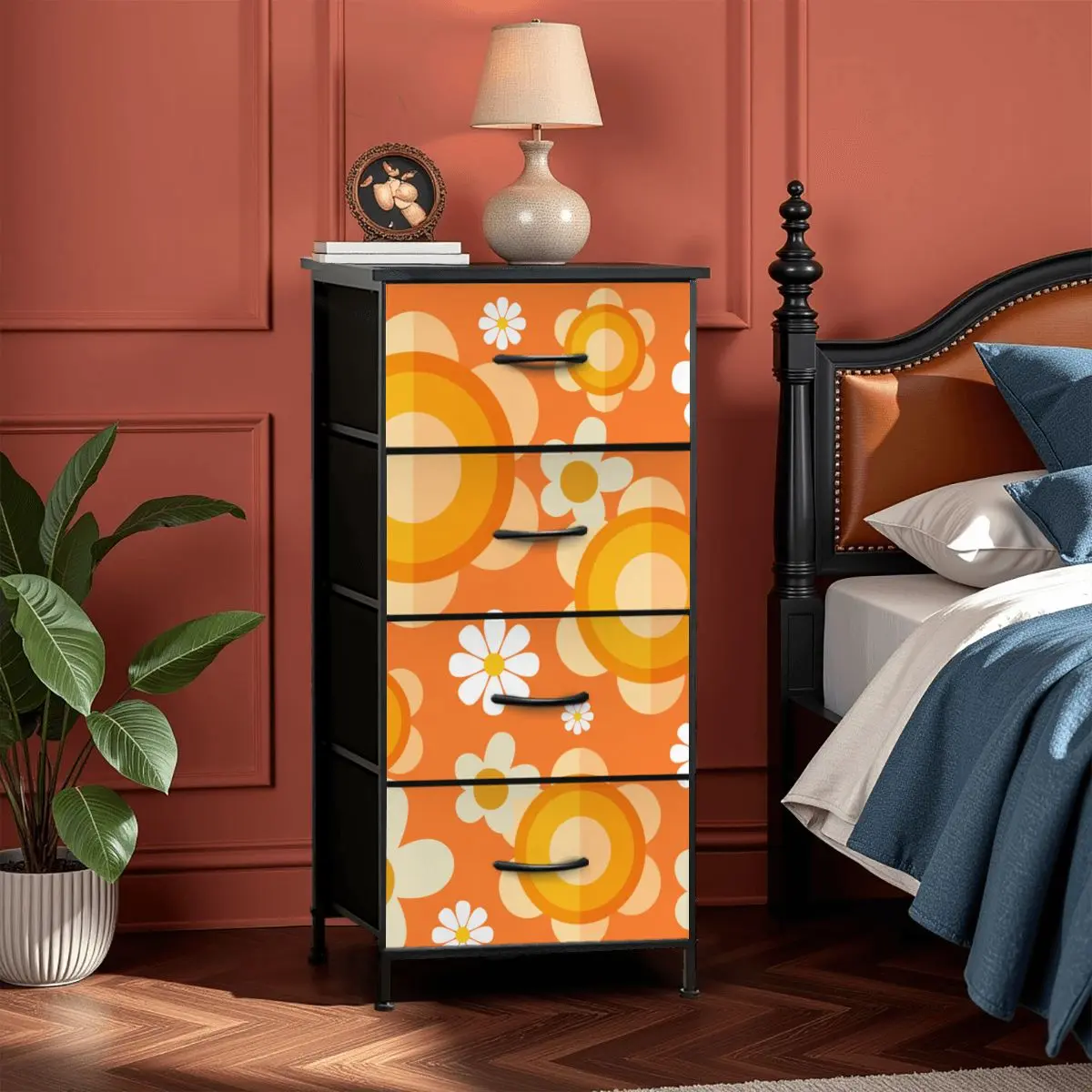 Flower Power Orange Groovy Mod 4-Drawer Dresser