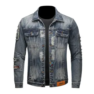 Men's Blue Washed Denim Jacket, Retro Distressed Biker Jean Jacket with Paisley Lining, Classic Trucker Jacket with Shoulder Stitching, Casual Button-Down Motorcycle Denim Coat for Men, Fashion Streetwear Denim Jacket for Daily Wear, Riding, Outdoor