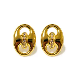 Gigi Cz Stud Earring - Gold Plated Oval Design with Diamond Accents for Women's Fashion Jewelry