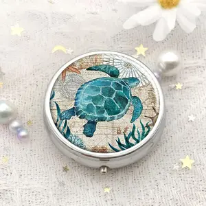 Sea Turtle Pattern Round Pill Box, 1 Piece 3 Grid Mini Decorative Pocket Purse, Portable Travel Medicine Tablet Vitamin Holder Organizer, Supplement Organizer, Healthcare