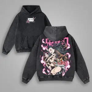 Demon Slayer Nezuko Kamado x Daki Battle Scene Double Printed Vintage Washed Hoodie Unisex Oversize Heavyweight Cotton Manga Anime Graphic Crewneck Soft Tops Natural Shade Pullover Anime Gift